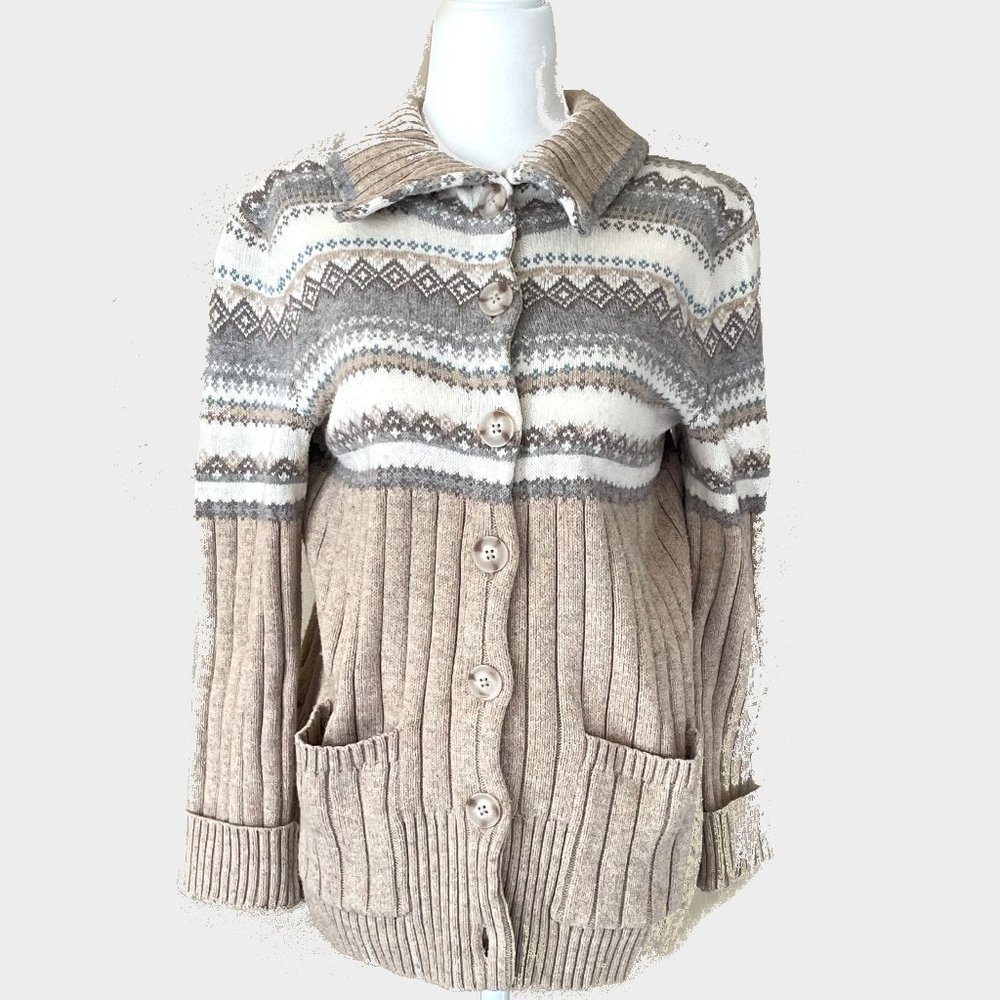 Vintage Eddie Bauer Women's Collared Button Down Aztec Jacket Sweater Size M